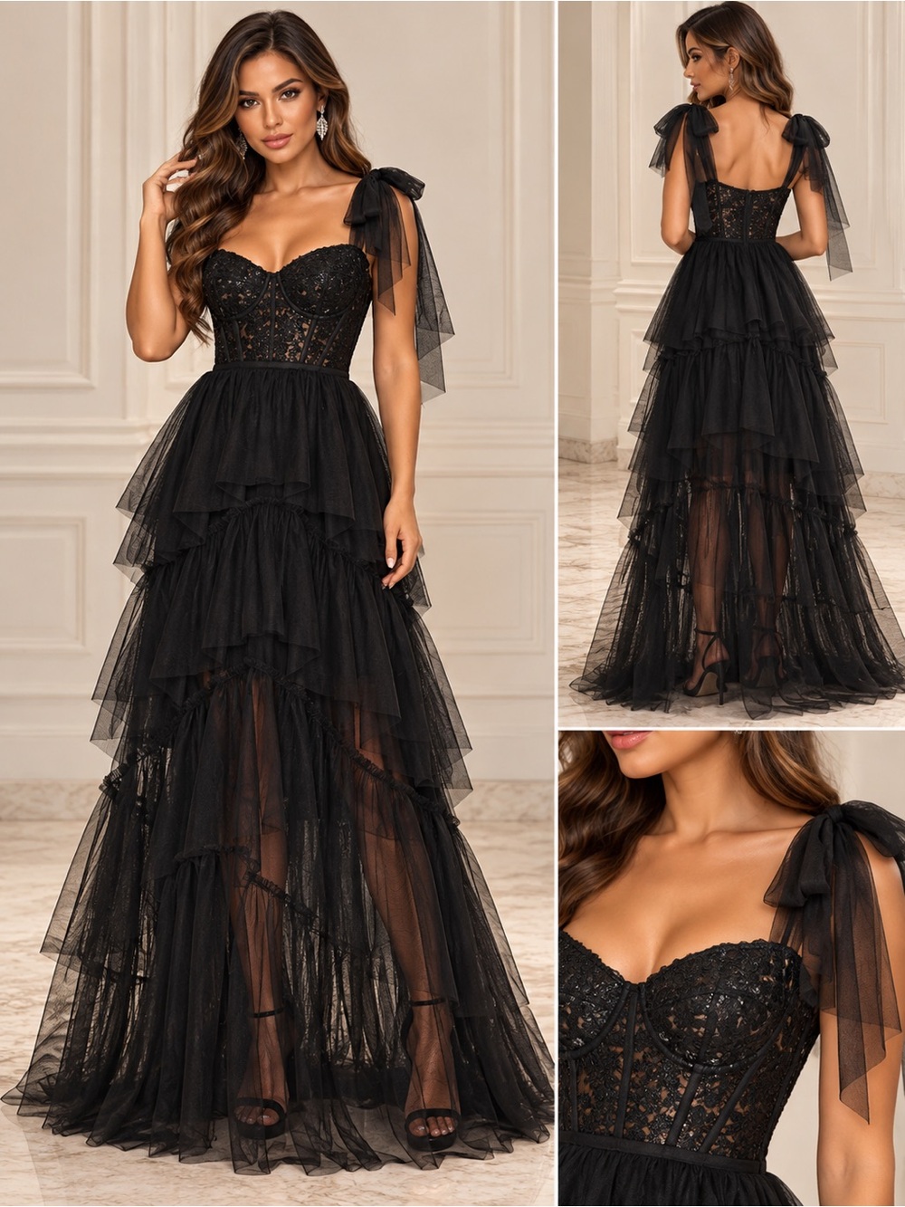 City Studio Black Layered Tulle High-Low Gown with Bow Straps
